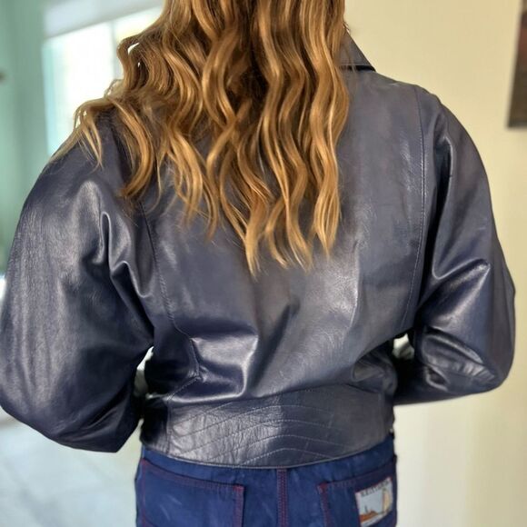 Vintage 80s Nora Ritti Oversized Blue Leather Jacket Belted Cropped Moto Style M - Picture 9 of 16